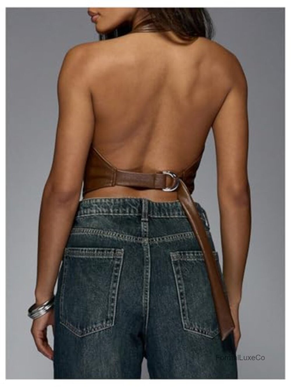 Faux Leather Halter Tank Top Sexy Deep V Neck Asymmetrical Corset Party Club - Picture 2 of 7
